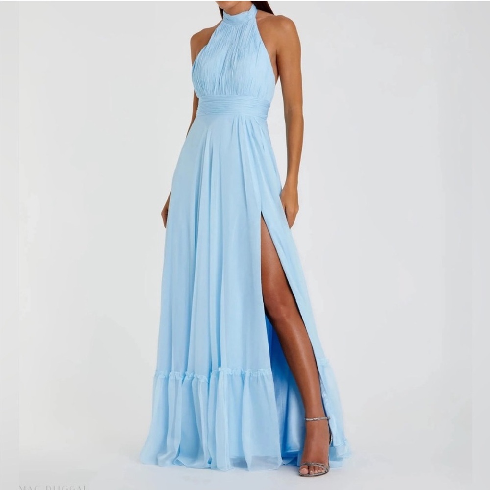 Mac Duggal Light Blue High Neck Tiered Chiffon Halter Slit Gown Size 8